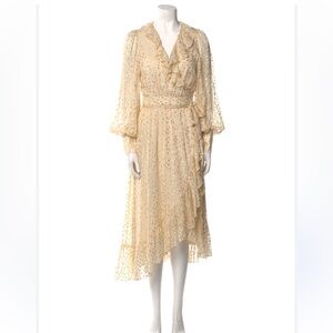 STUNNING Zimmermann Cream Long Sleeve Wrap Dress with Shining Gold Accents